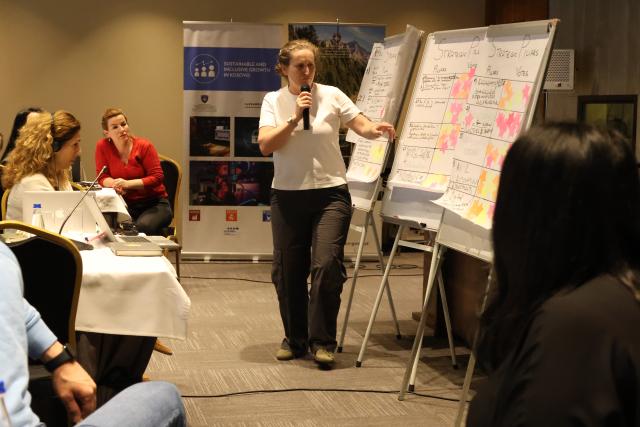 Participant at a workshop pointing out information on boards
