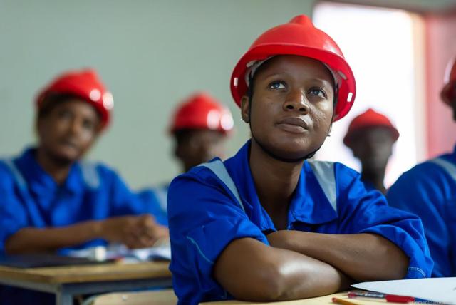 Jeune fille en cours, portant un casque de chantier rouge