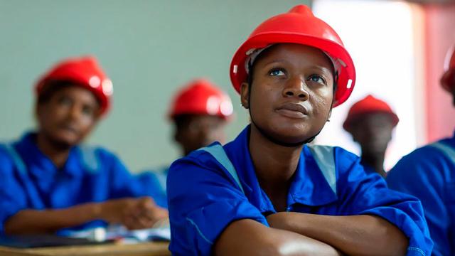 Jeune fille en cours, portant un casque de chantier rouge