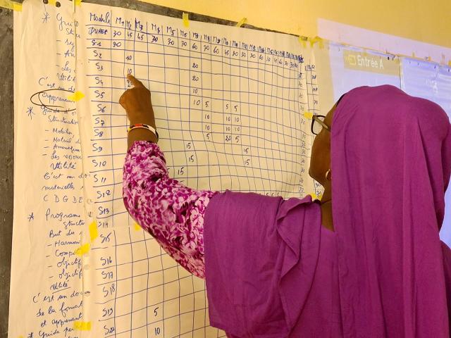 Une femme en tenue fuschia explique un tableau de notes manuscrites, rempli de colonnes et de chiffres, accroché à un mur jaune dans une salle de classe au Mali.