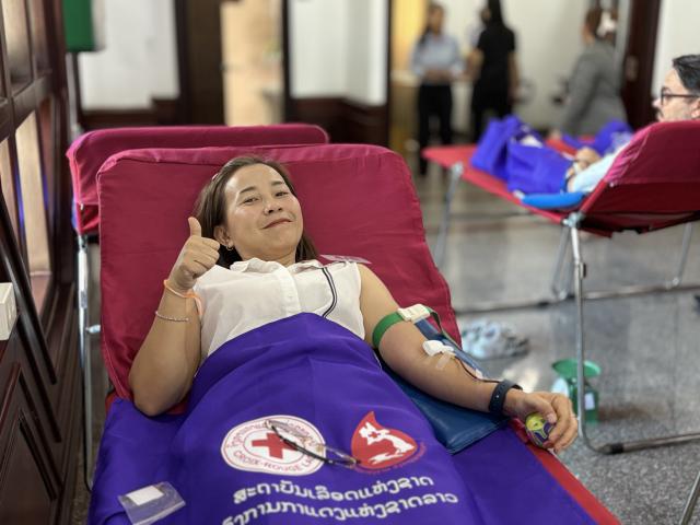 Lao female staff from LuxDev donating blood